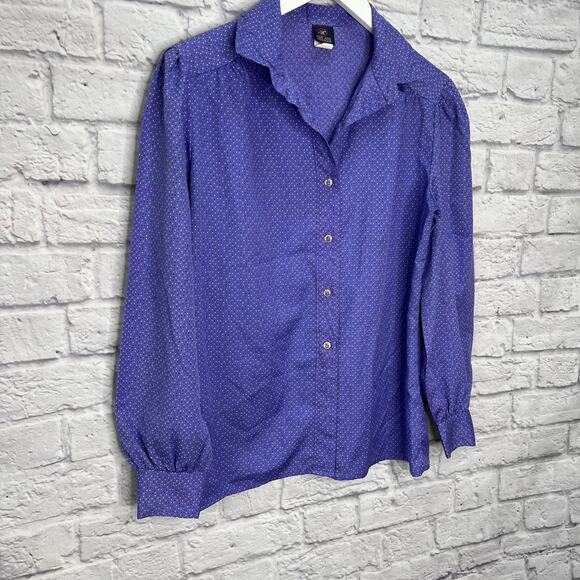 Vintage Pins and Needles Womens Blouse Purple Dot Size M 80s long Sleeve Button - Picture 2 of 8